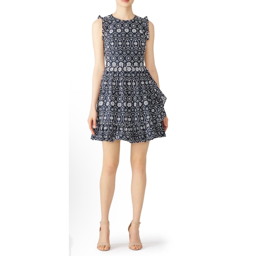 Kate Spade Womens Navy Blue Floral Eyelet Ruffle Mini Dress Size 2